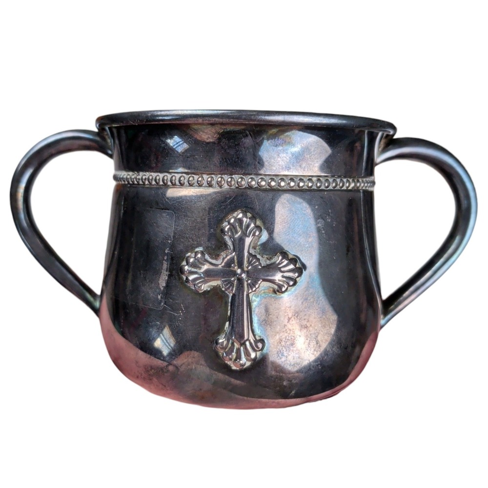 Vintage Reed & Barton Silverplate‎ Double Handle Baby Cup Cross Beaded Rim 4711